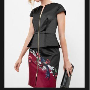 Ted Baker Black Red Jaunel Satin Bejewelled Shadow Peplum Dress size 1 nwot
